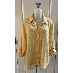 Soft Surroundings Yellow Crinkle Gauze Button Front Roll Tab Sleeve Shirt - XLP
